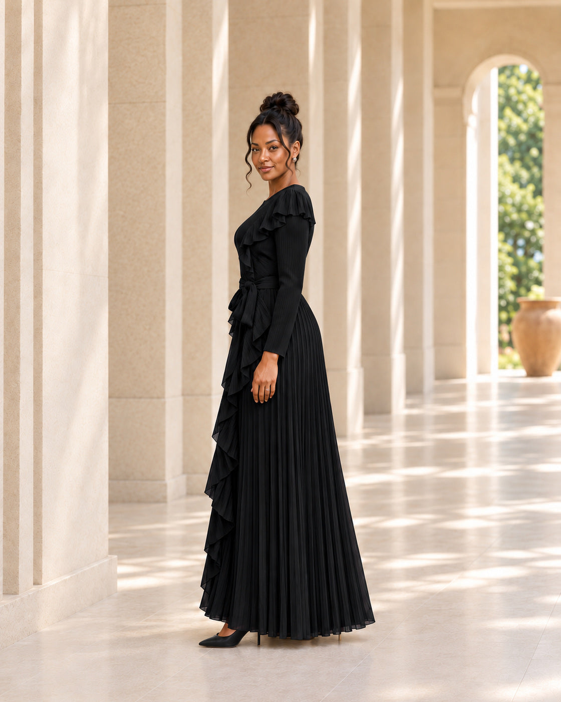 Zafira Waterfall Pleated Dress - Black - Model 4 - True side styled look