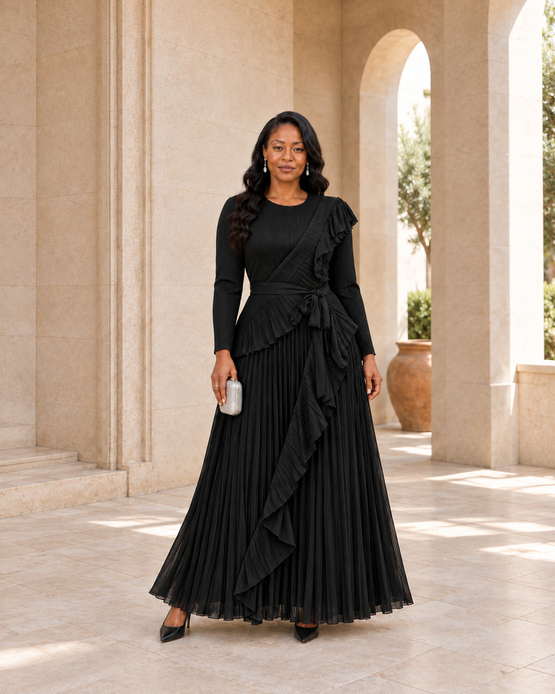 Zafira Waterfall Pleated Dress - Black - Model 5 - Front styled look