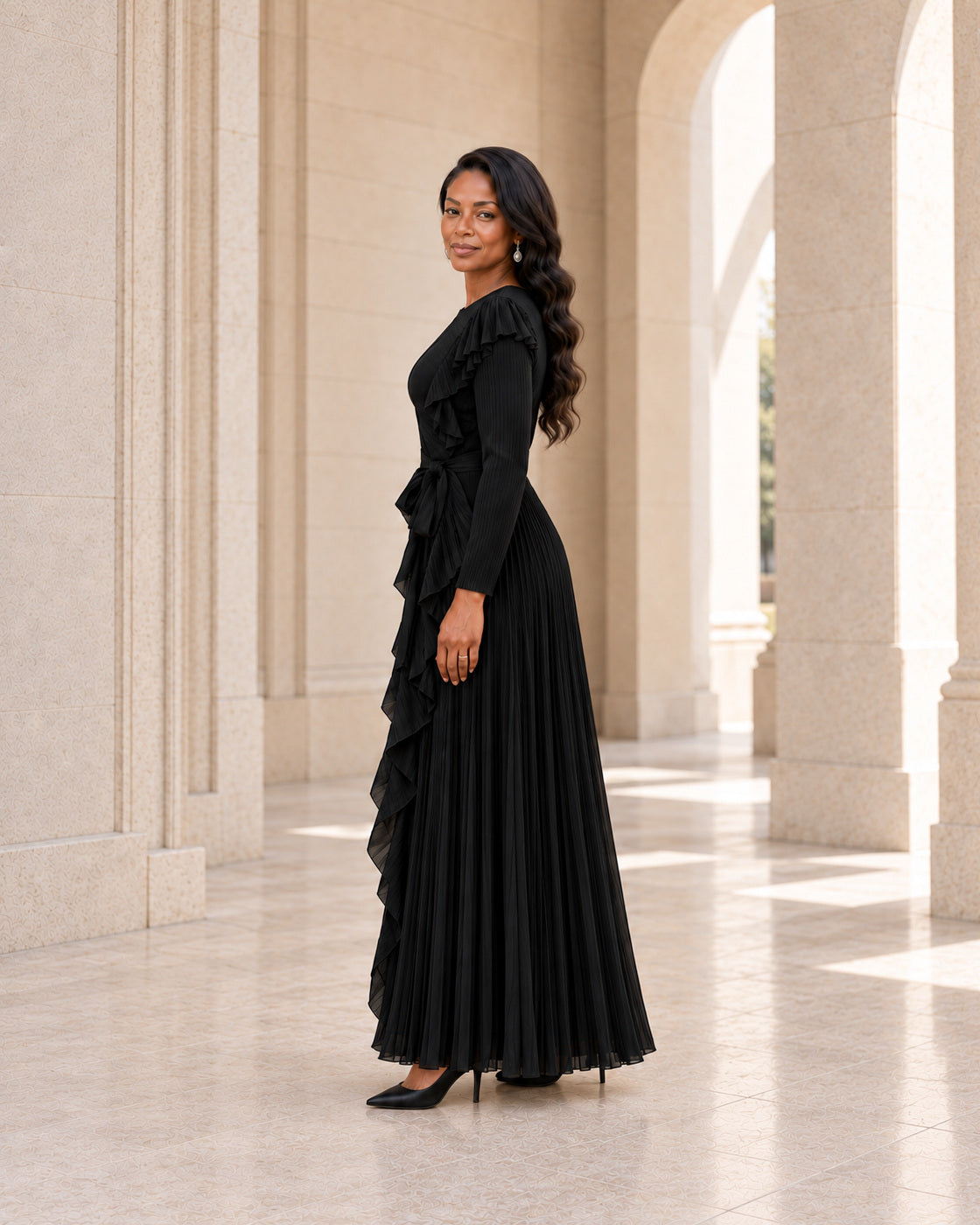 Zafira Waterfall Pleated Dress - Black - Model 5 - True side styled look