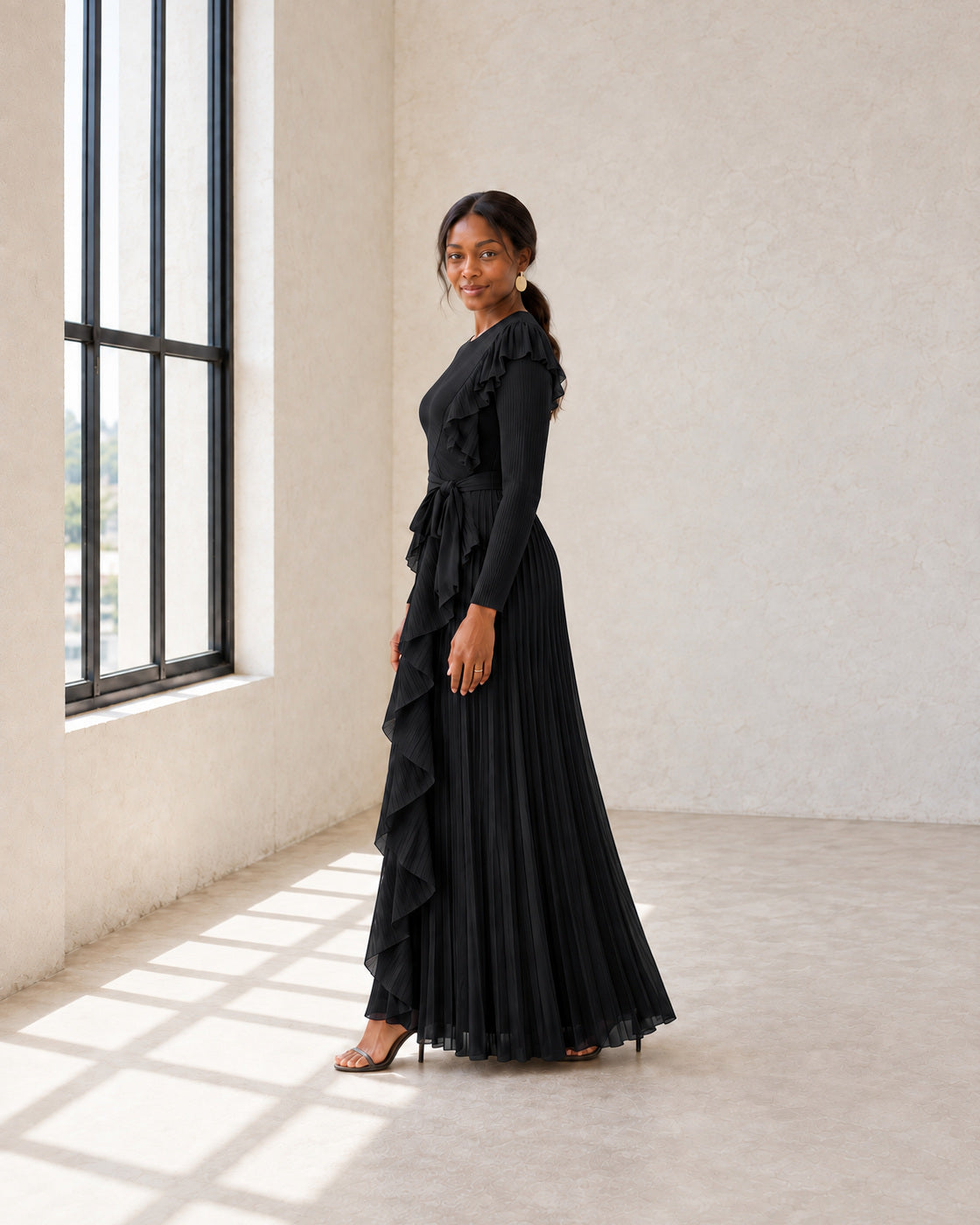 Zafira Waterfall Pleated Dress - Black - Model 6 - True side styled look