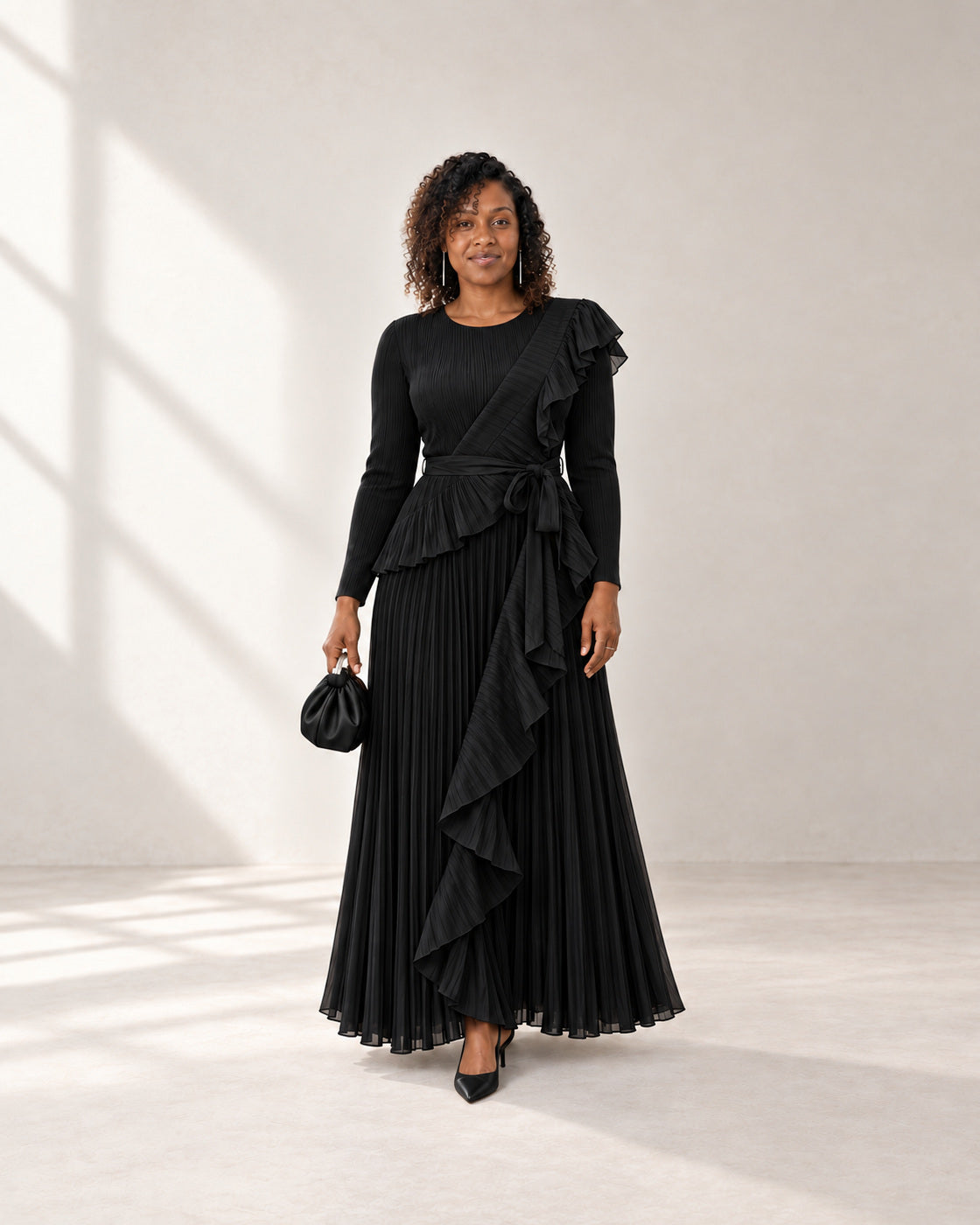Zafira Waterfall Pleated Dress - Black - Model 7 - Front styled look