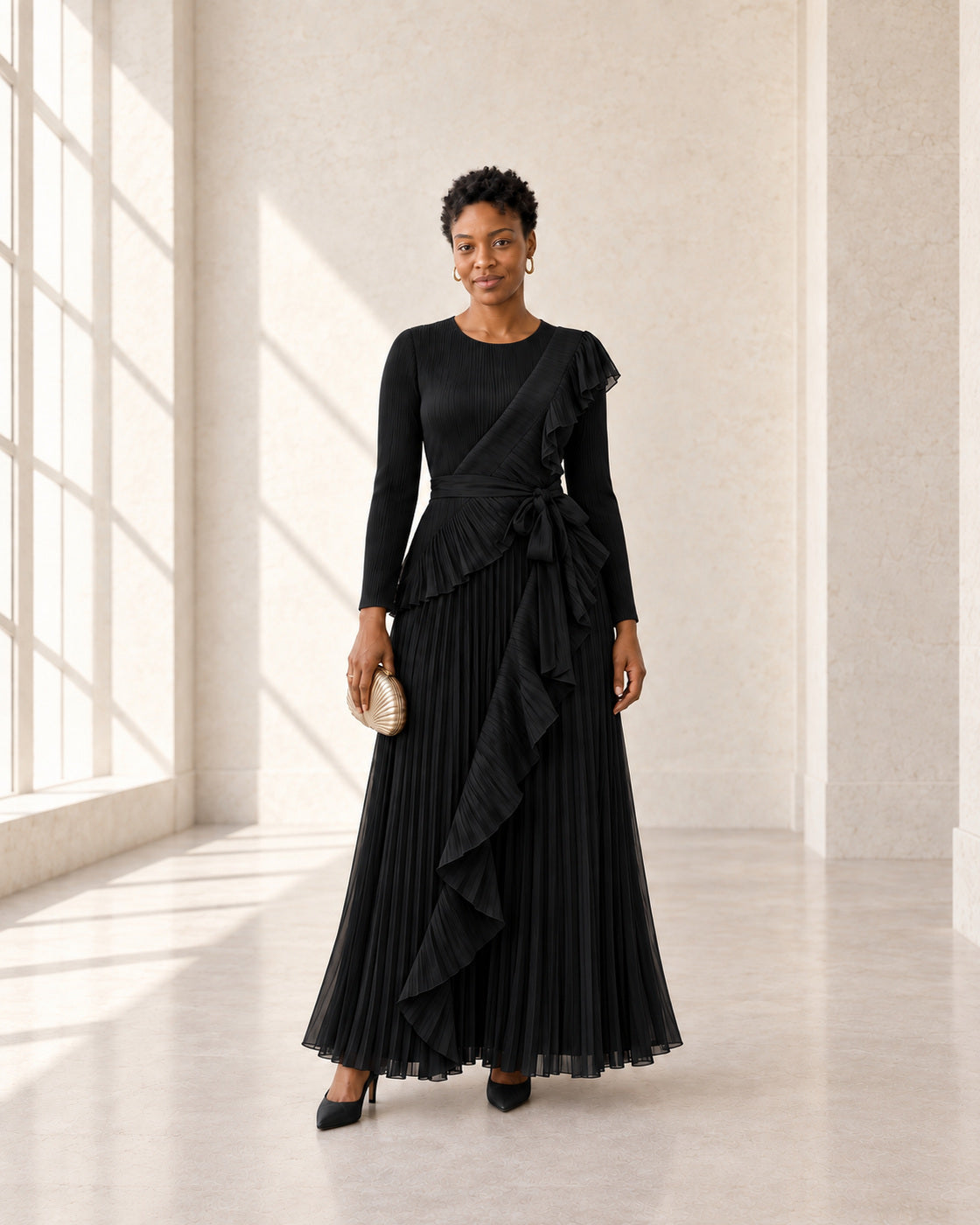 Zafira Waterfall Pleated Dress - Black - Model 8 - Front styled look