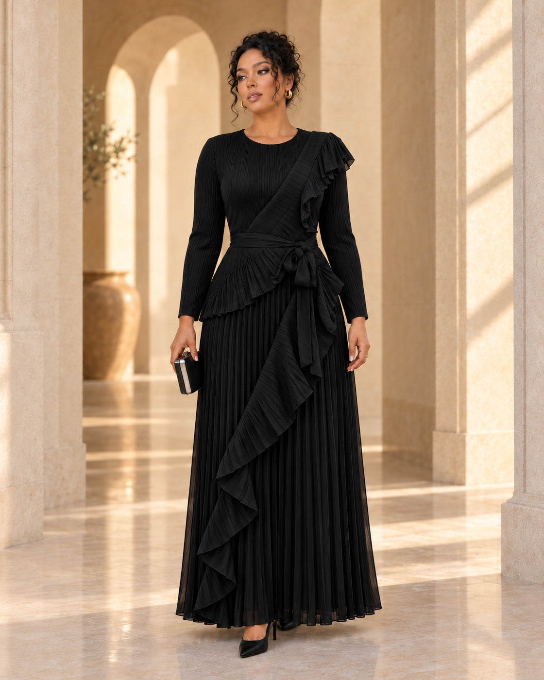 Zafira Waterfall Pleated Dress - Black - Model 11 - Front styled look