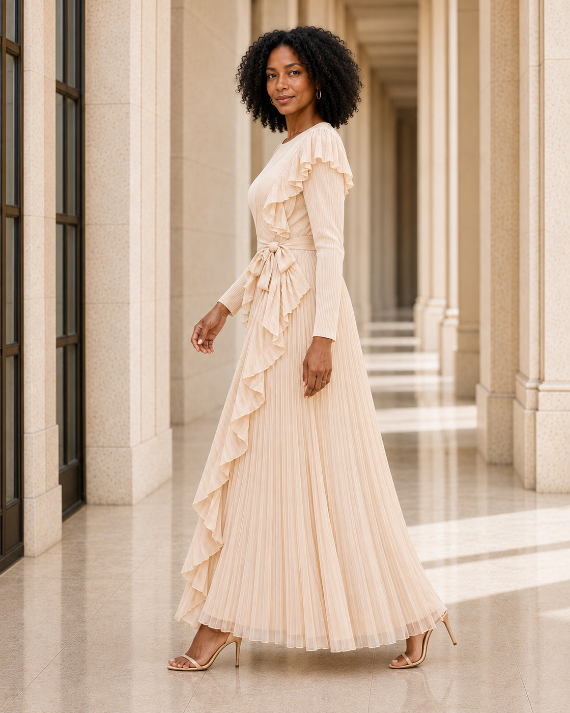 Zafira Waterfall Pleated Dress - Champagne - Model 2 - True side styled look