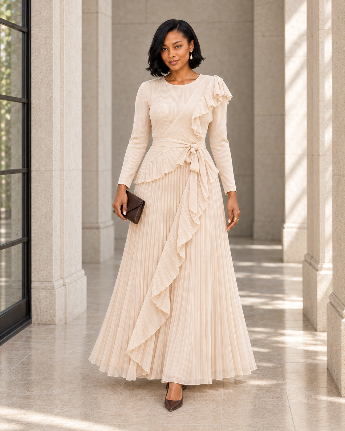 Zafira Waterfall Pleated Dress - Champagne - Model 3 - Front styled look