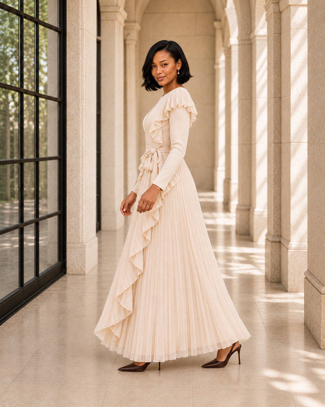 Zafira Waterfall Pleated Dress - Champagne - Model 3 - True side styled look