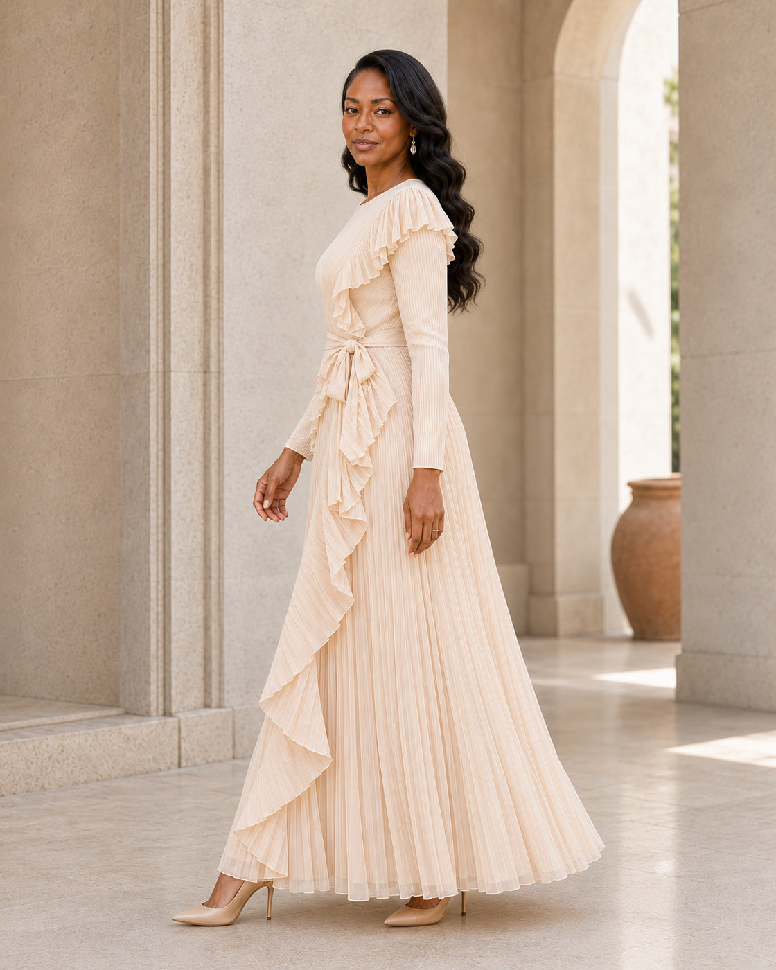 Zafira Waterfall Pleated Dress - Champagne - Model 5 - True side styled look