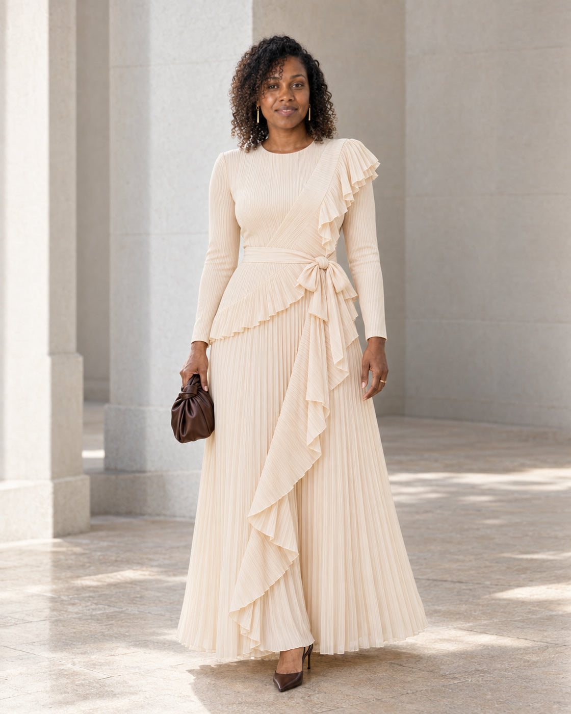 Zafira Waterfall Pleated Dress - Champagne - Model 7 - Front styled look
