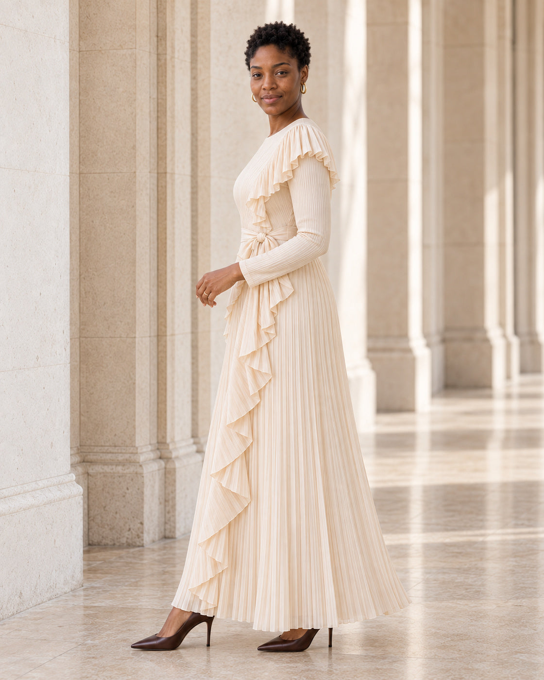 Zafira Waterfall Pleated Dress - Champagne - Model 8 - True side styled look
