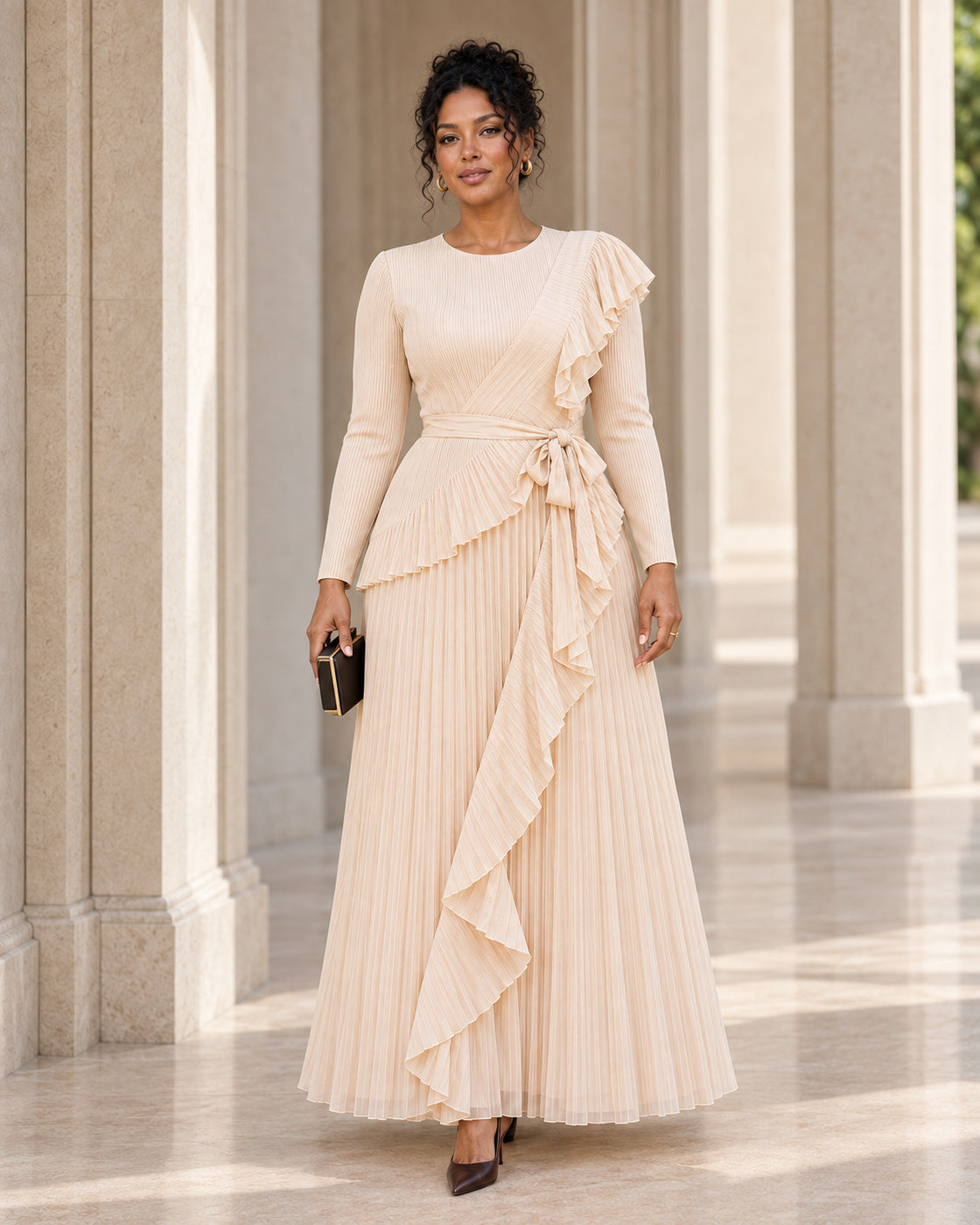 Zafira Waterfall Pleated Dress - Champagne - Model 11 - Front styled look