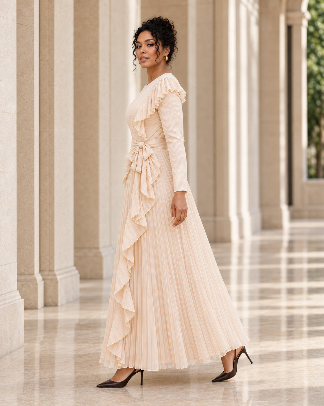 Zafira Waterfall Pleated Dress - Champagne - Model 11 - True side styled look