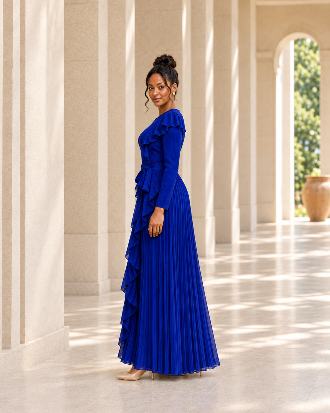 Zafira Waterfall Pleated Dress - Cobalt - Model 4 - True side styled look