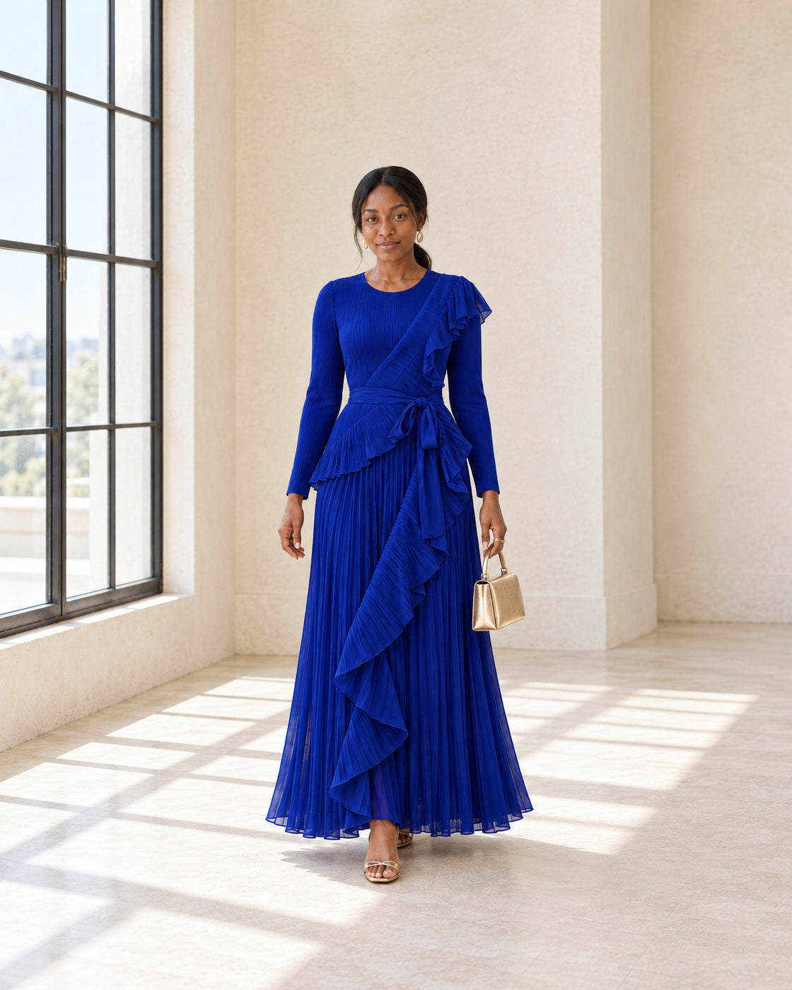 Zafira Waterfall Pleated Dress - Cobalt - Model 6 - Front styled look