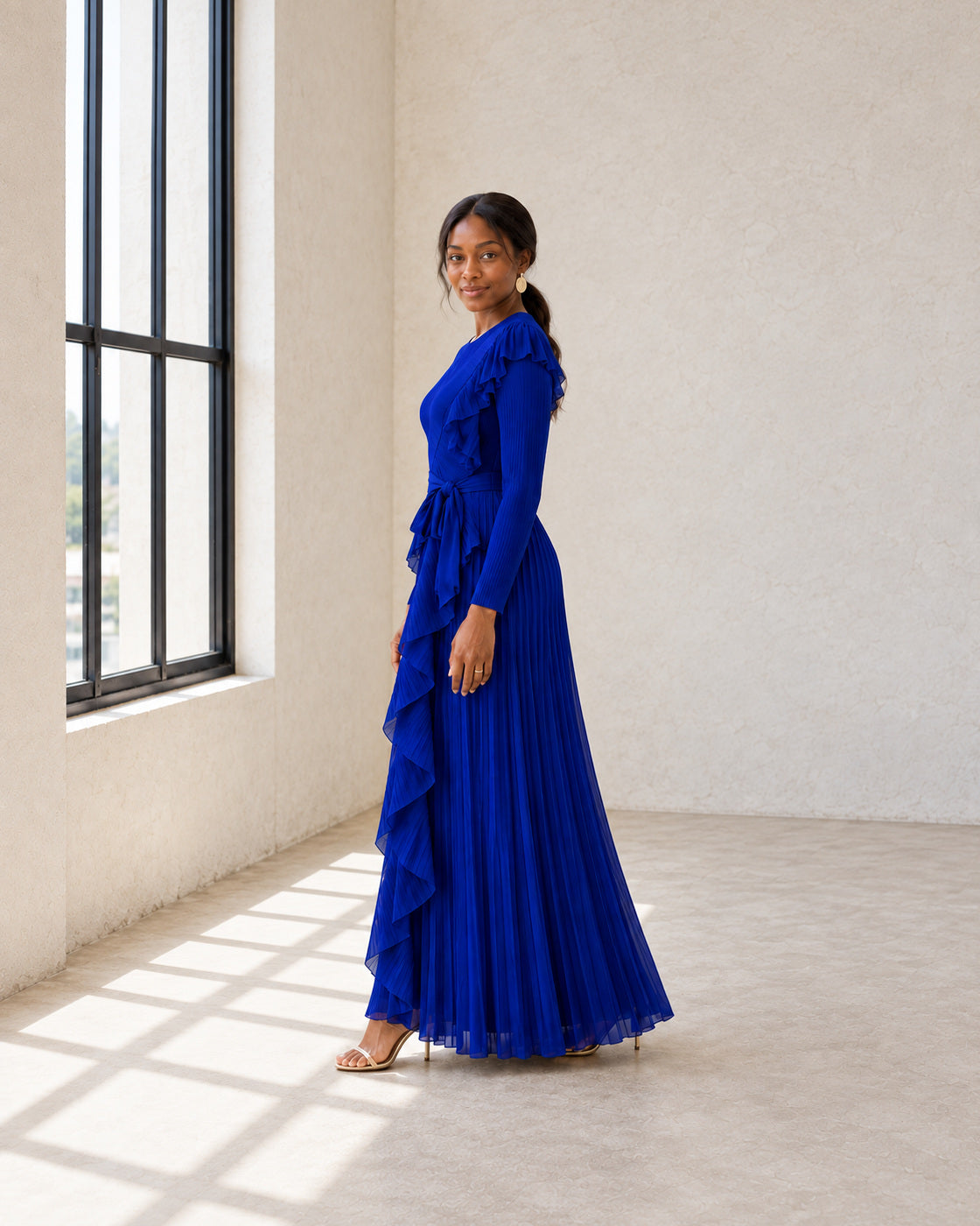 Zafira Waterfall Pleated Dress - Cobalt - Model 6 - True side styled look