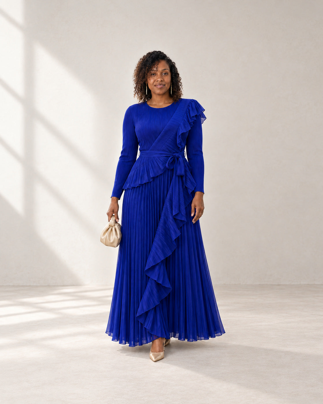 Zafira Waterfall Pleated Dress - Cobalt - Model 7 - Front styled look