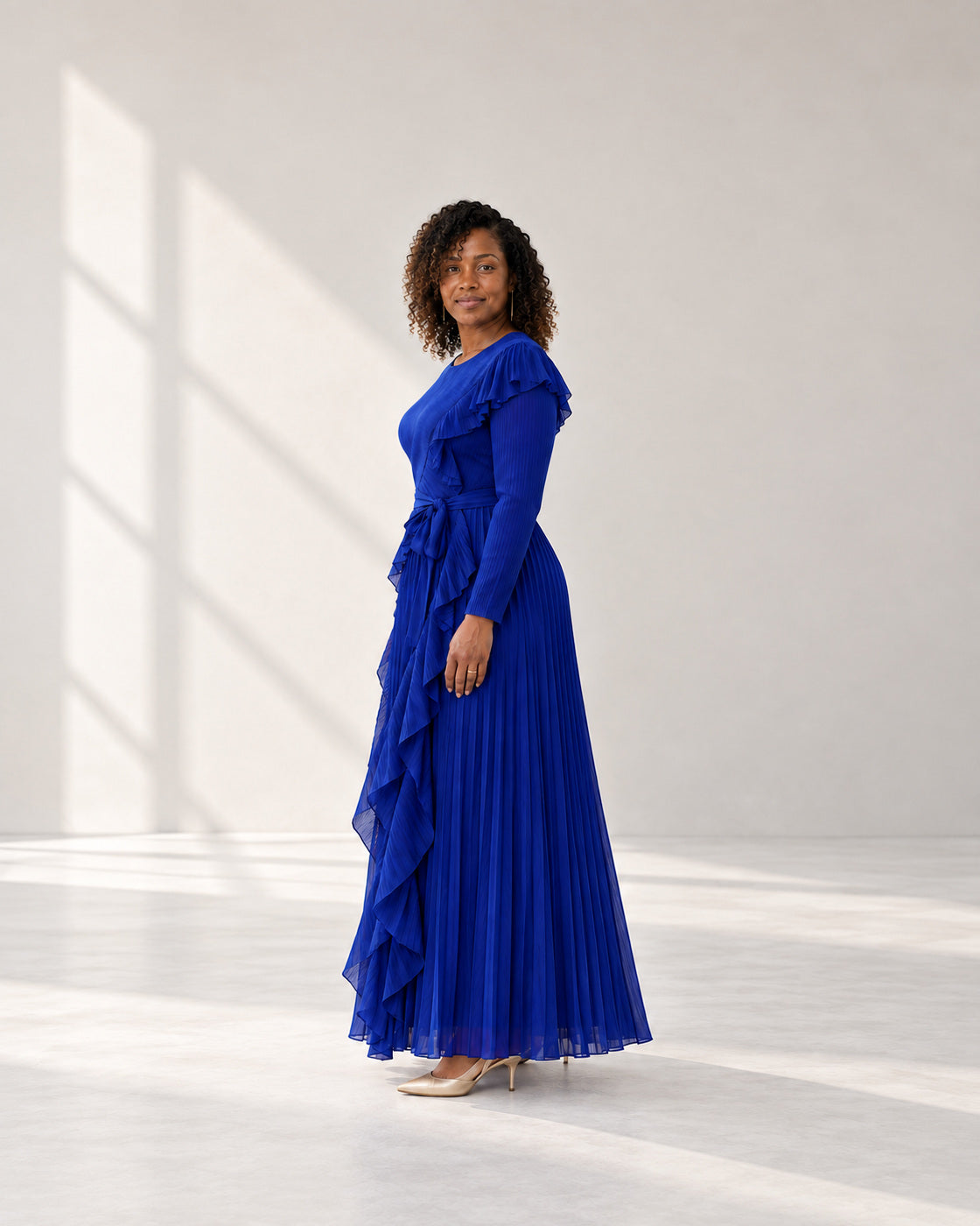 Zafira Waterfall Pleated Dress - Cobalt - Model 7 - True side styled look