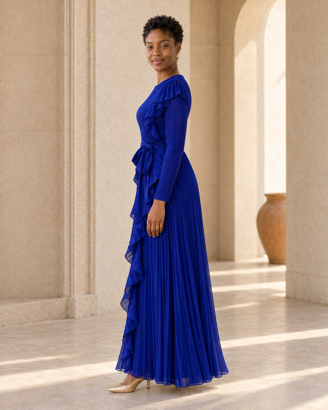Zafira Waterfall Pleated Dress - Cobalt - Model 8 - True side styled look