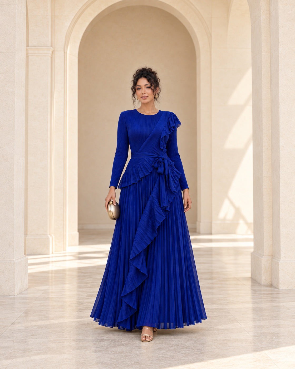 Zafira Waterfall Pleated Dress - Cobalt - Model 9 - Front styled look