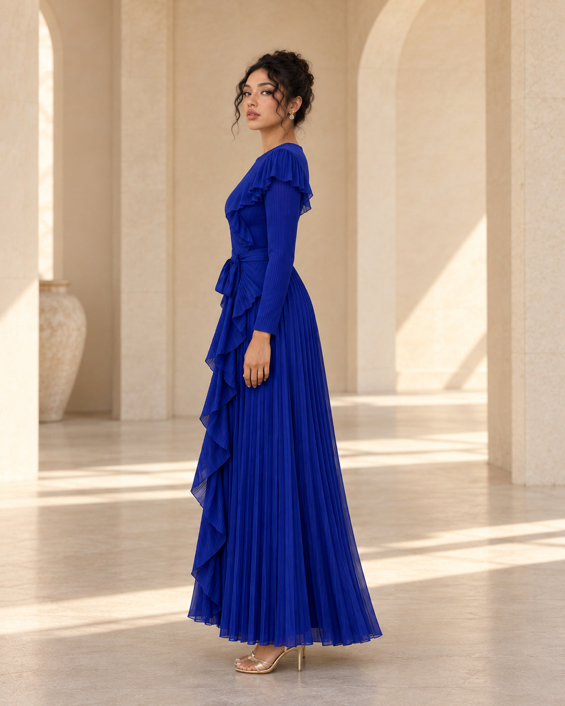 Zafira Waterfall Pleated Dress - Cobalt - Model 9 - True side styled look