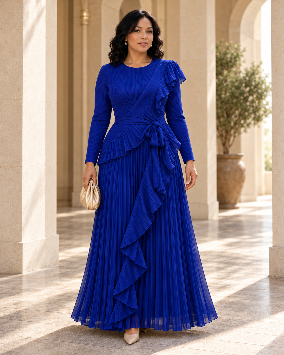 Zafira Waterfall Pleated Dress - Cobalt - Model 10 - Front styled look