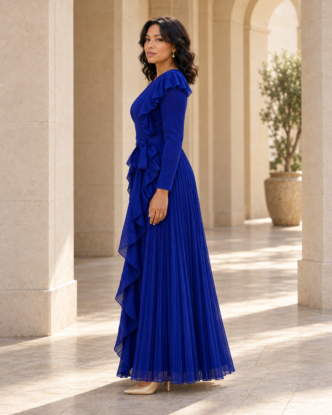 Zafira Waterfall Pleated Dress - Cobalt - Model 10 - True side styled look