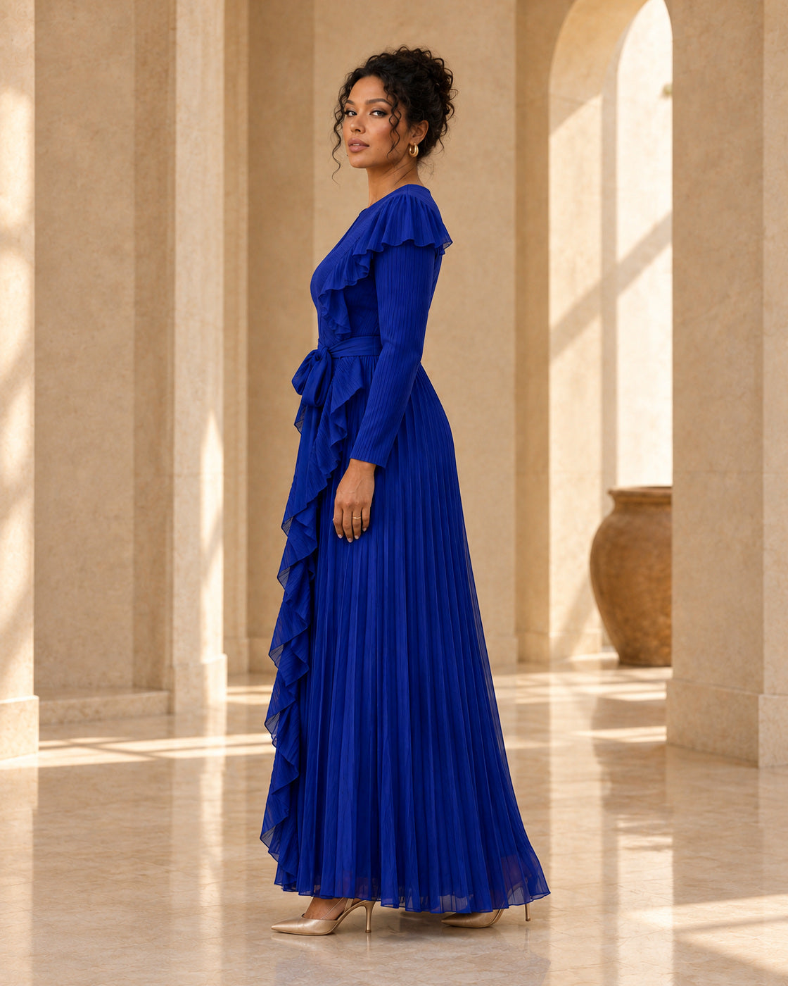 Zafira Waterfall Pleated Dress - Cobalt - Model 11 - True side styled look