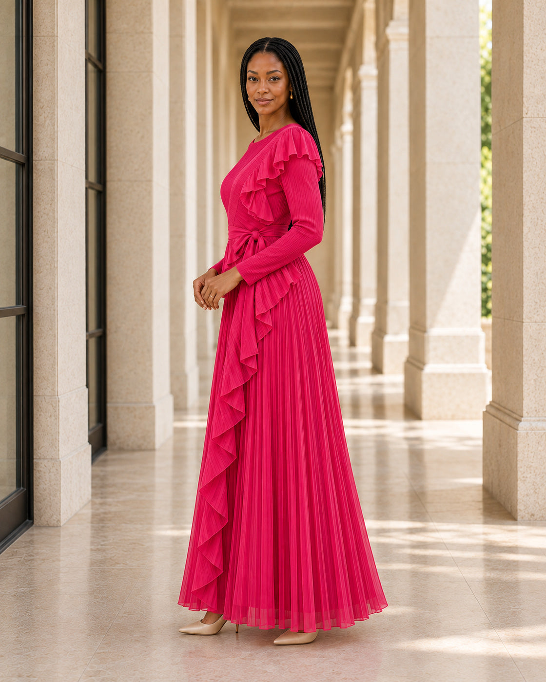 Zafira Waterfall Pleated Dress - Fuchsia - Model 1 - True side styled look