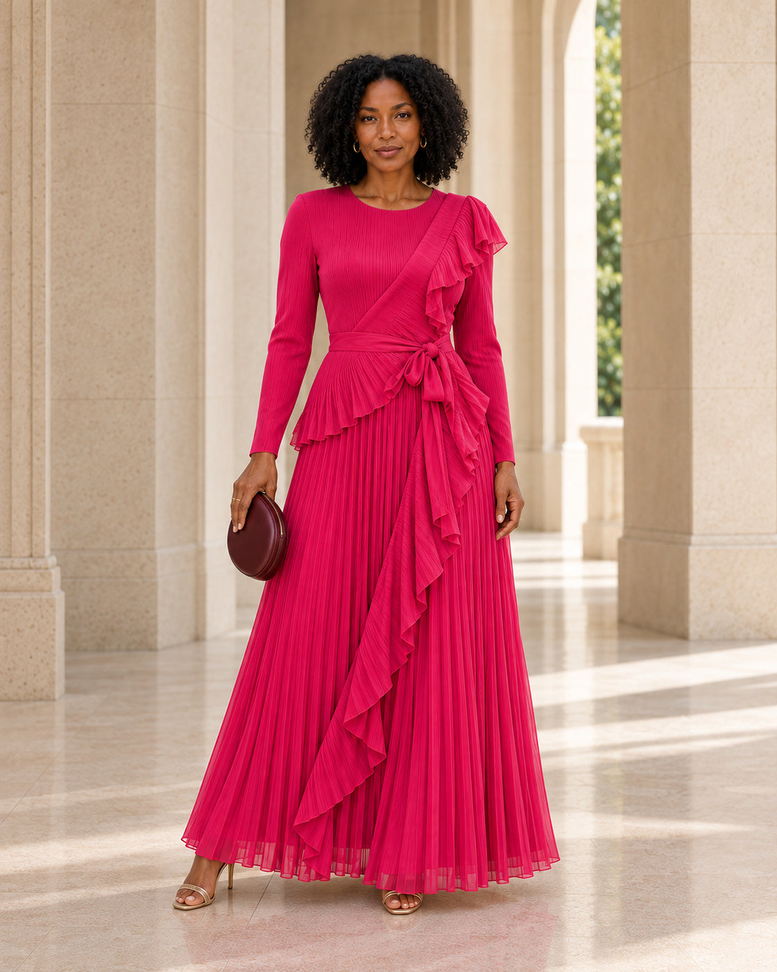 Zafira Waterfall Pleated Dress - Fuchsia - Model 2 - Front styled look
