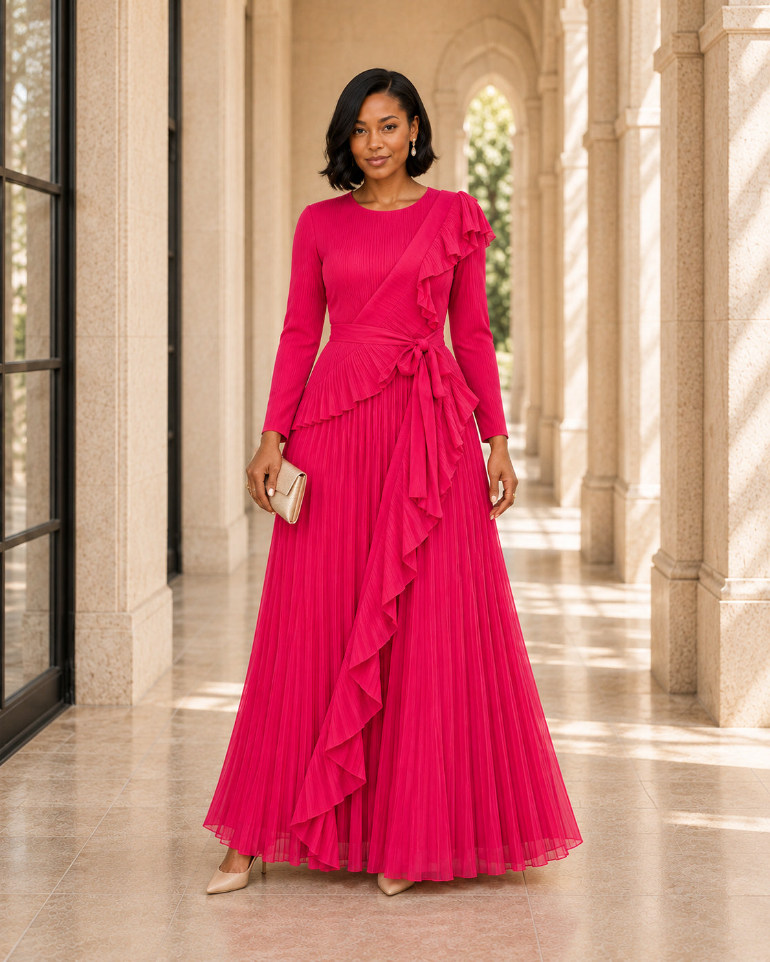 Zafira Waterfall Pleated Dress - Fuchsia - Model 3 - Front styled look