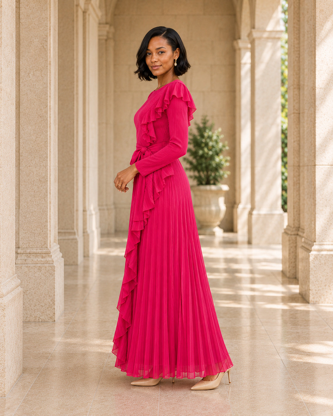 Zafira Waterfall Pleated Dress - Fuchsia - Model 3 - True side styled look