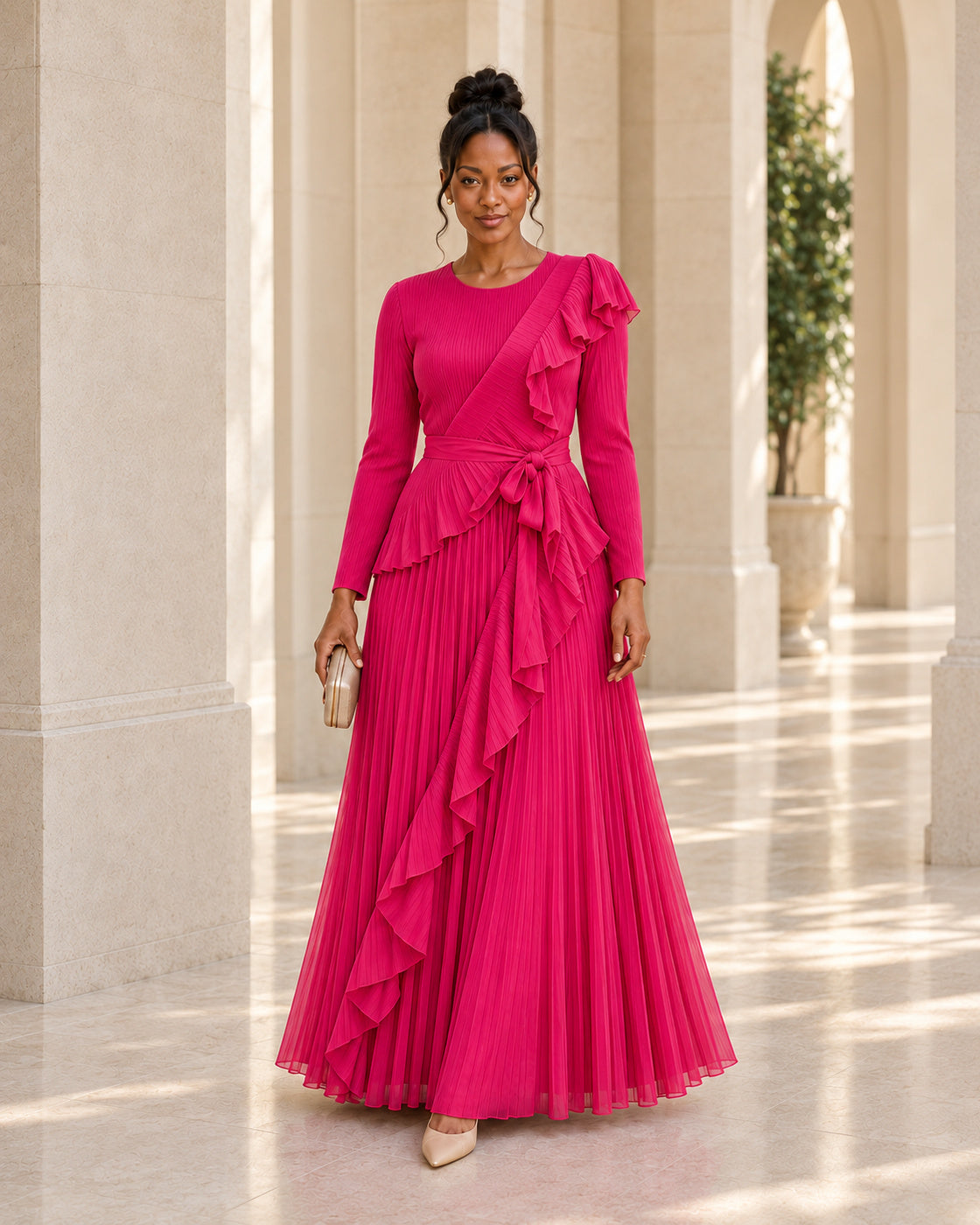Zafira Waterfall Pleated Dress - Fuchsia - Model 4 - Front styled look