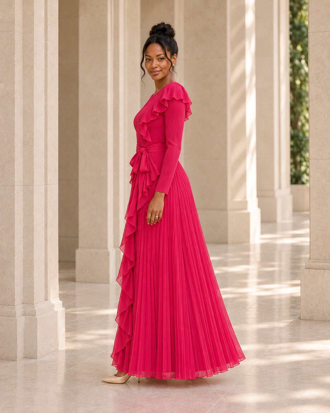 Zafira Waterfall Pleated Dress - Fuchsia - Model 4 - True side styled look