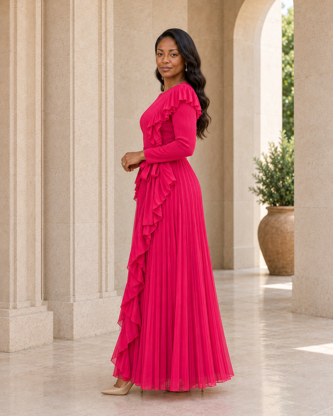 Zafira Waterfall Pleated Dress - Fuchsia - Model 5 - True side styled look