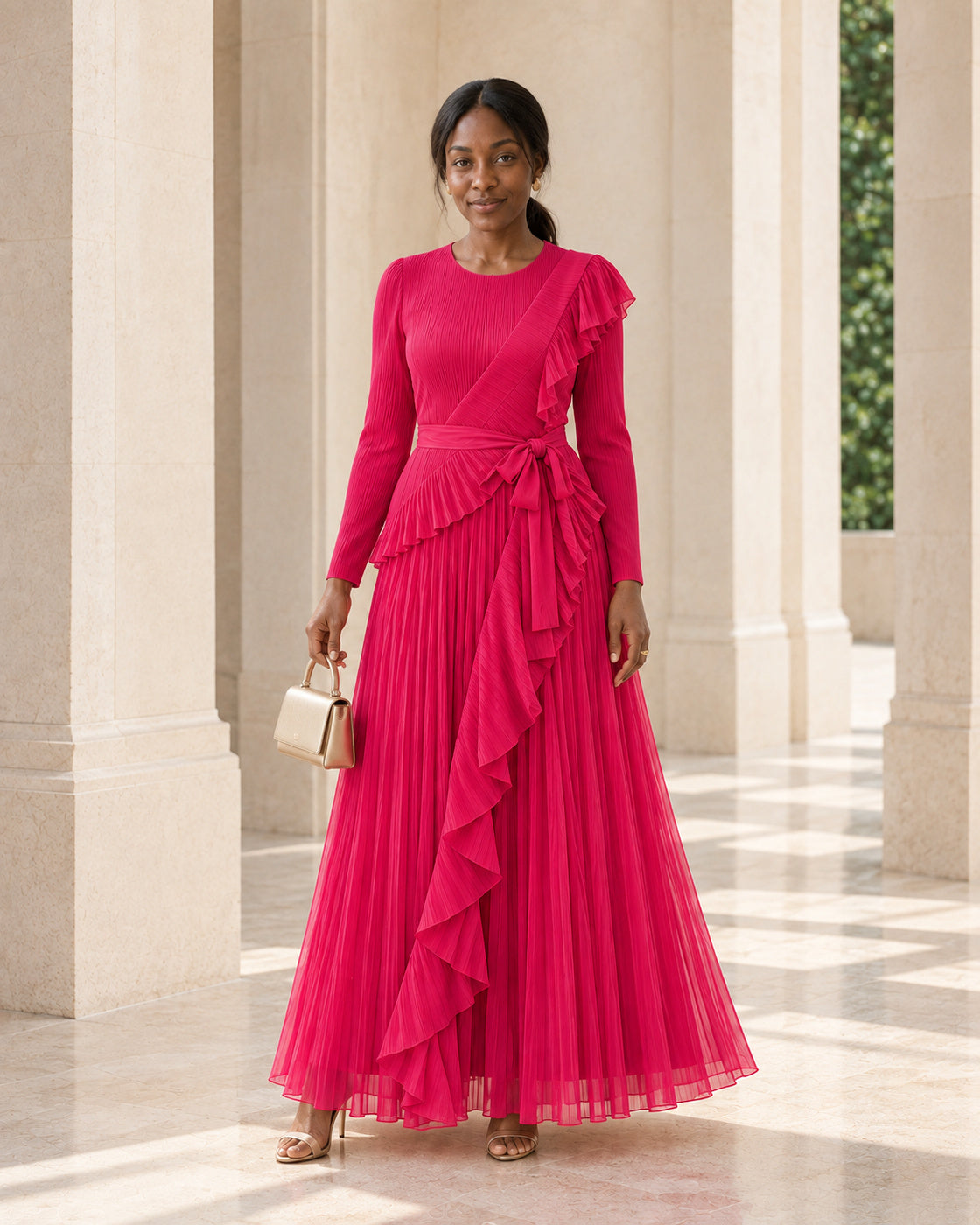 Zafira Waterfall Pleated Dress - Fuchsia - Model 6 - Front styled look
