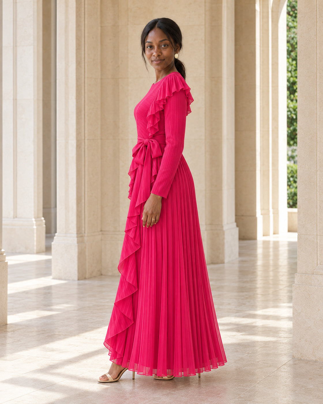 Zafira Waterfall Pleated Dress - Fuchsia - Model 6 - True side styled look