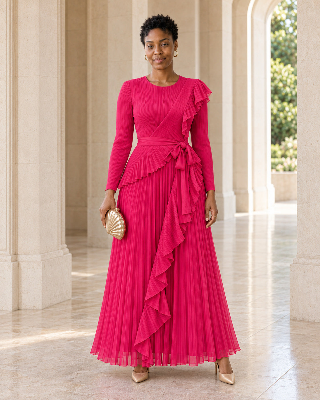 Zafira Waterfall Pleated Dress - Fuchsia - Model 8 - Front styled look