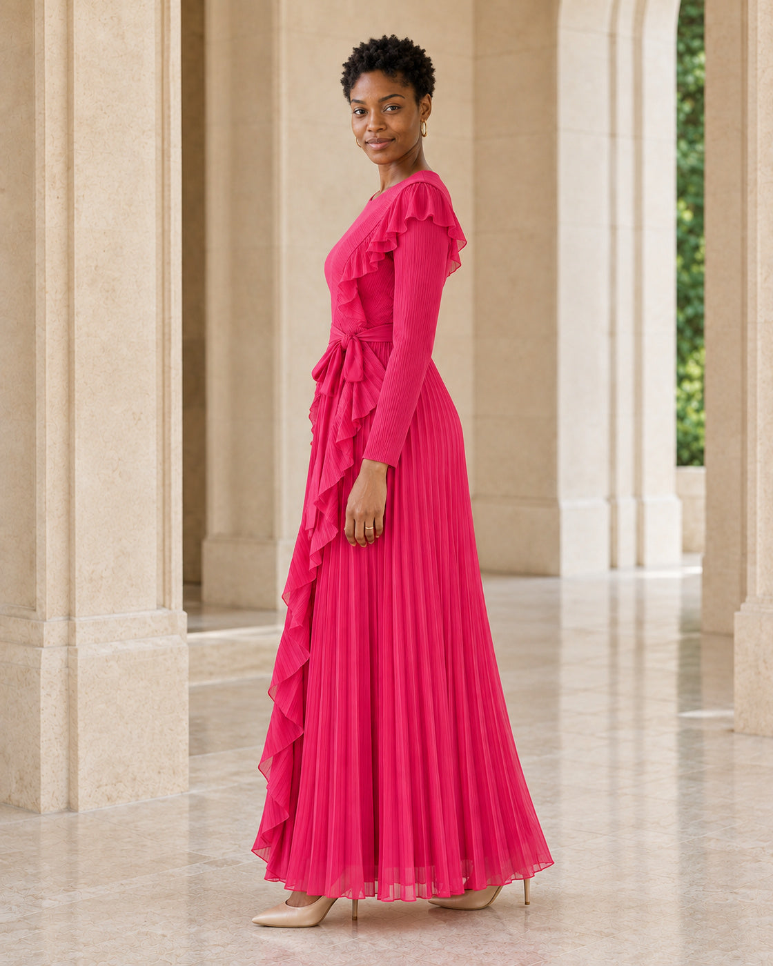Zafira Waterfall Pleated Dress - Fuchsia - Model 8 - True side styled look