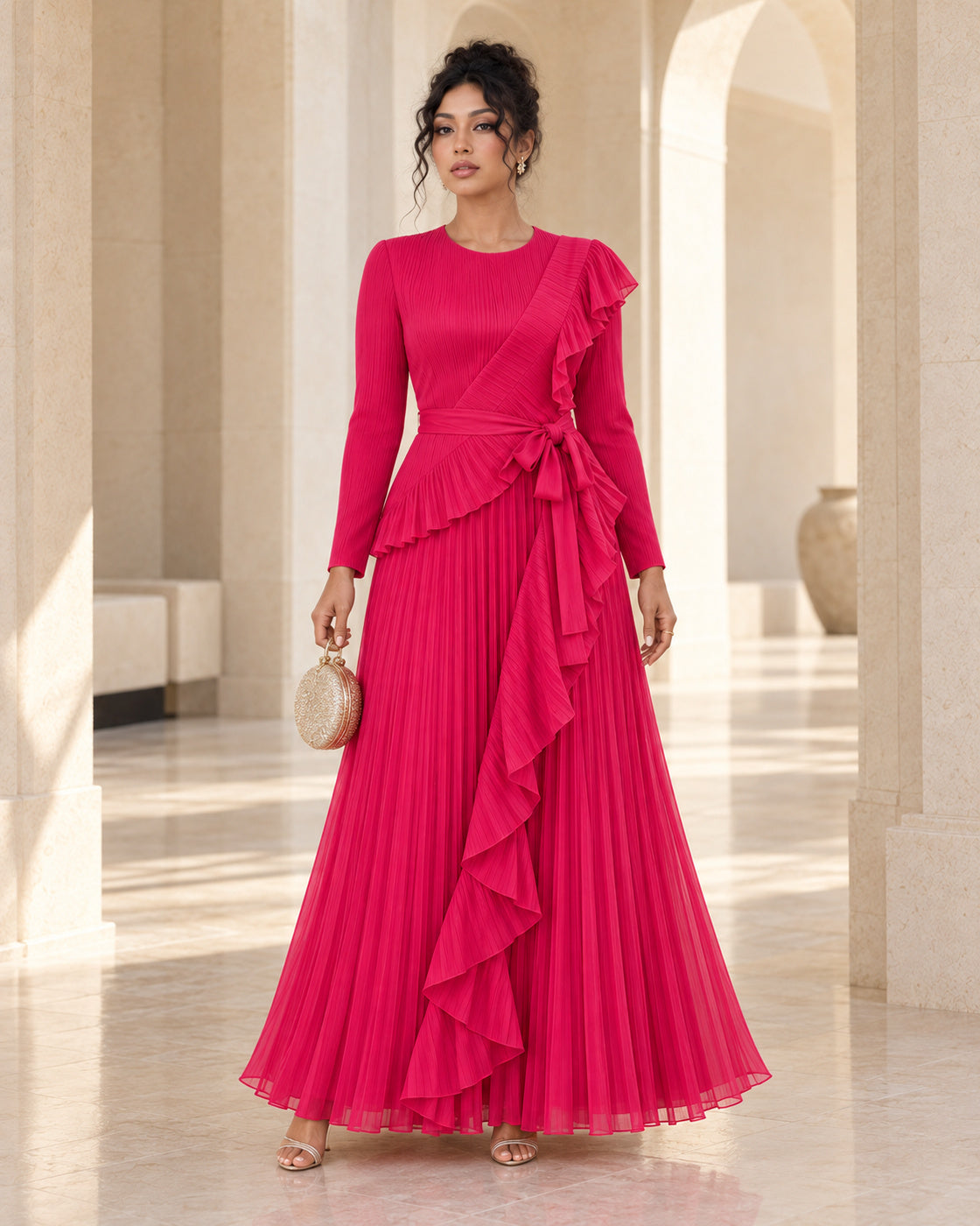 Zafira Waterfall Pleated Dress - Fuchsia - Model 9 - Front styled look