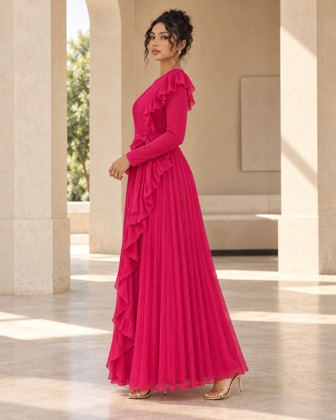 Zafira Waterfall Pleated Dress - Fuchsia - Model 9 - True side styled look
