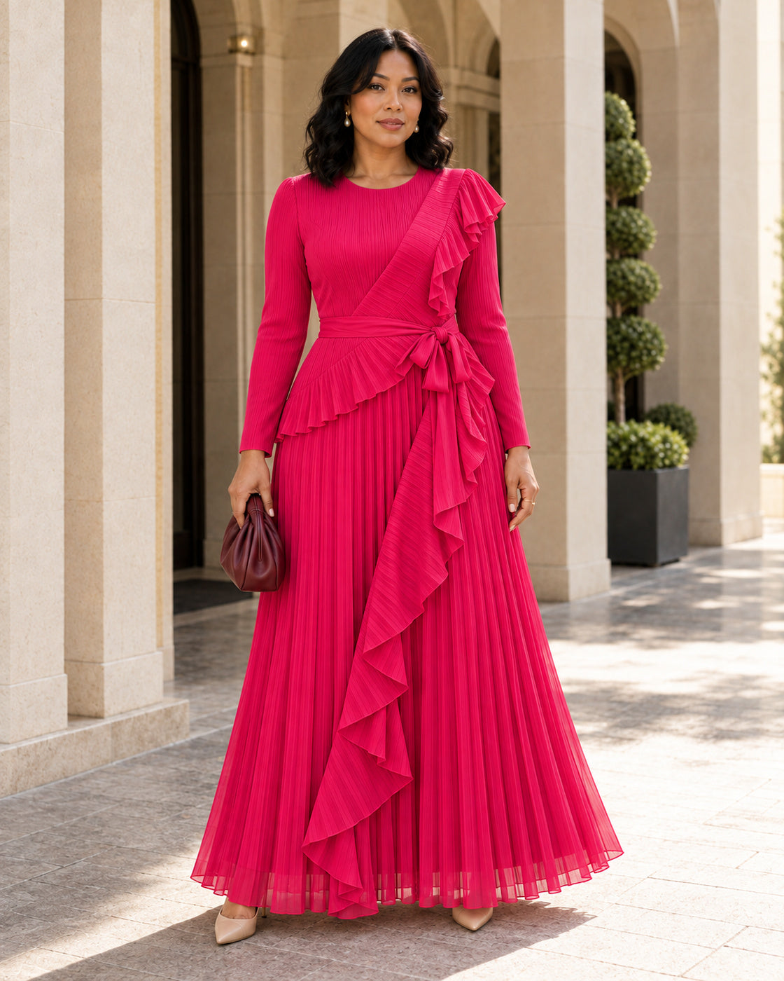 Zafira Waterfall Pleated Dress - Fuchsia - Model 10 - Front styled look