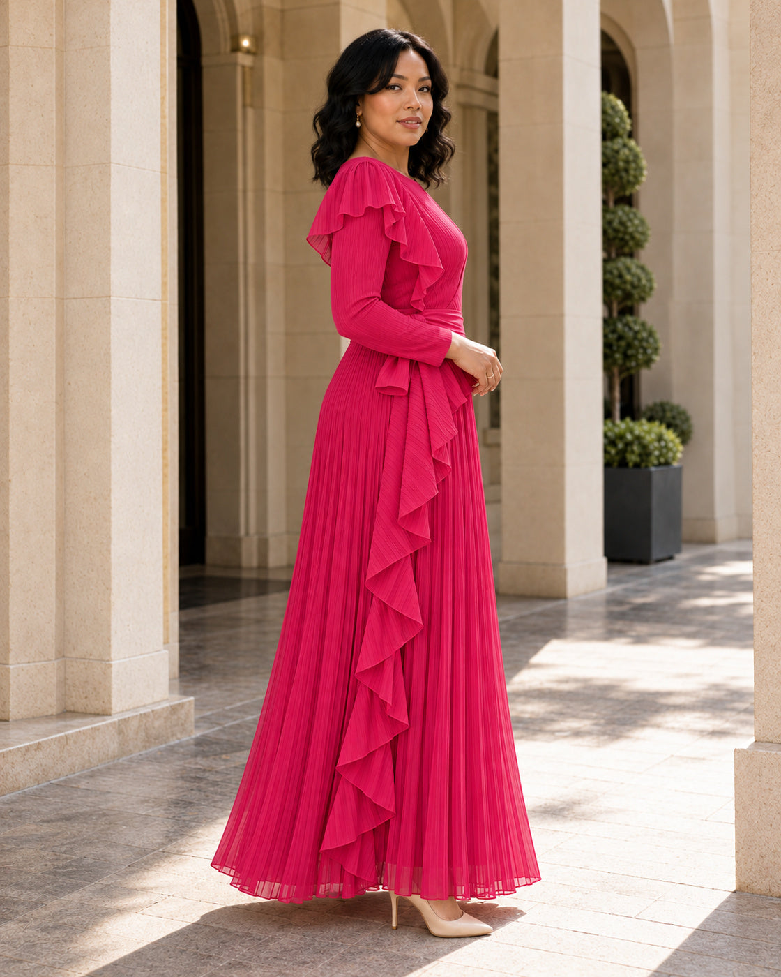 Zafira Waterfall Pleated Dress - Fuchsia - Model 10 - True side styled look