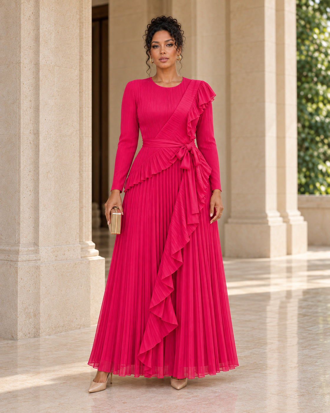 Zafira Waterfall Pleated Dress - Fuchsia - Model 11 - Front styled look