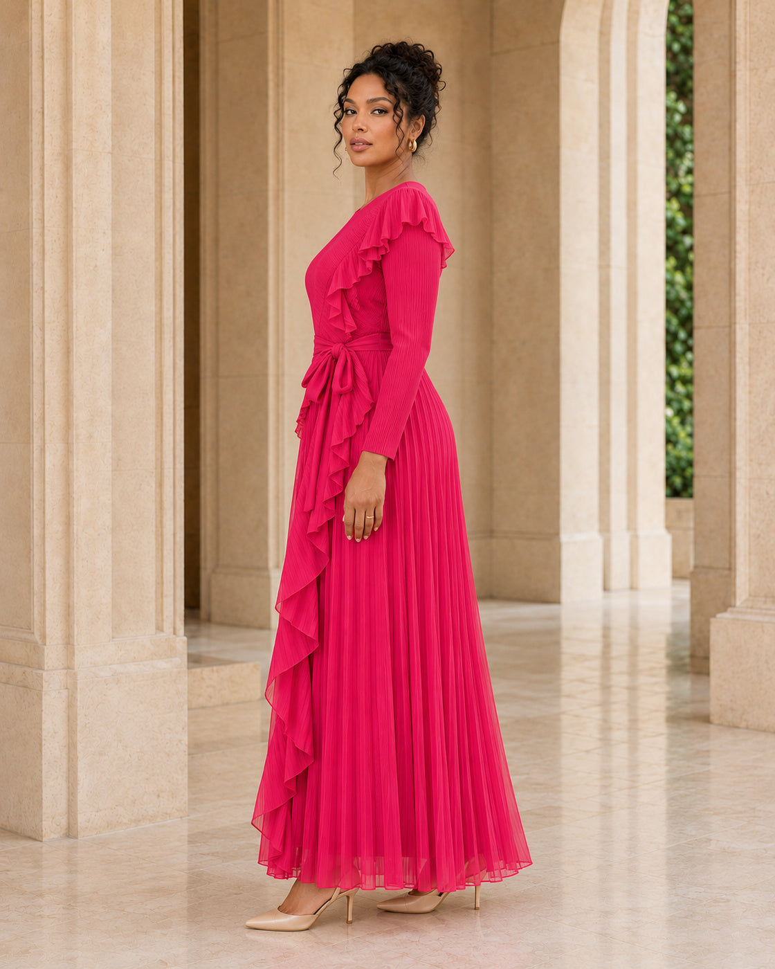 Zafira Waterfall Pleated Dress - Fuchsia - Model 11 - True side styled look