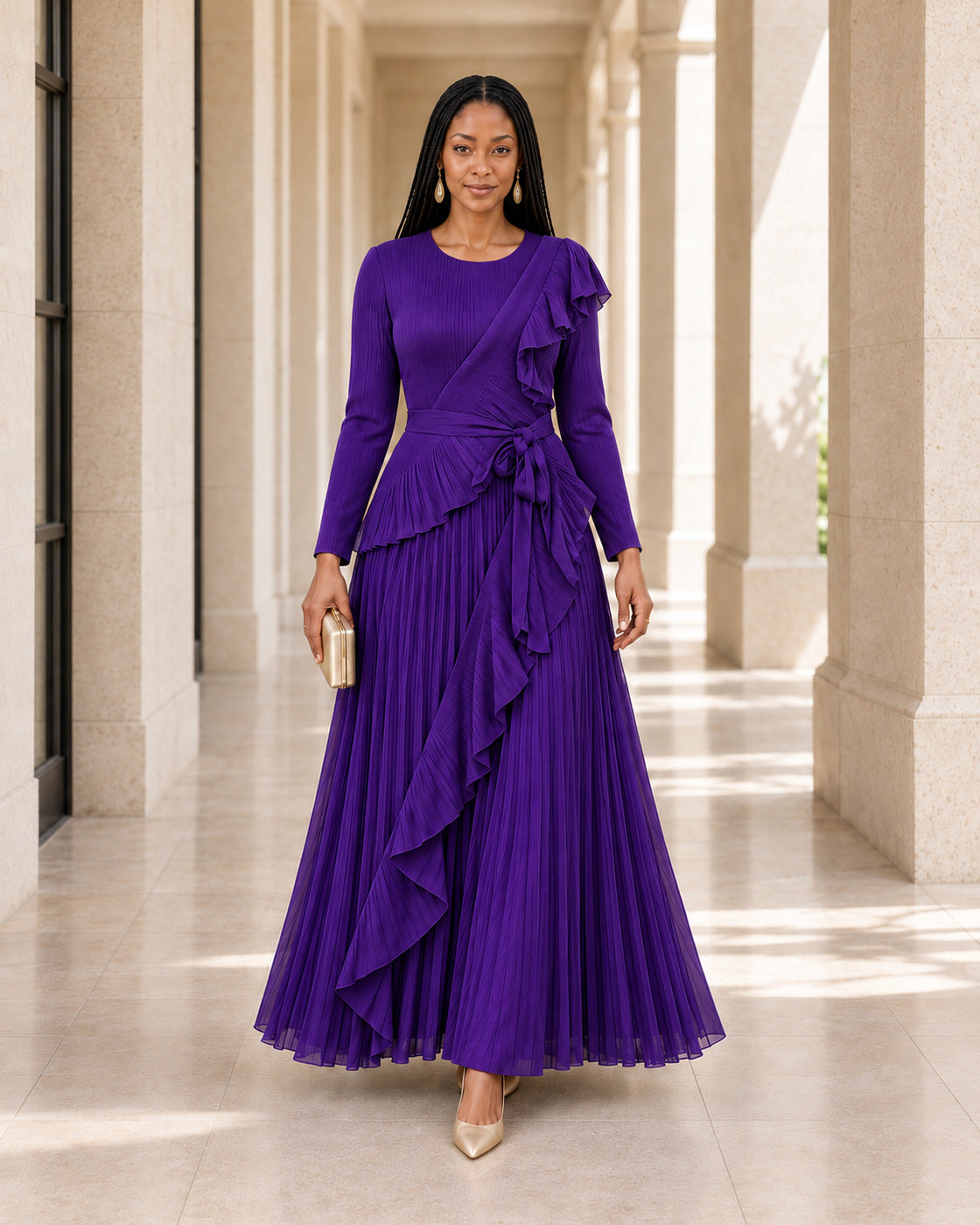 Zafira Waterfall Pleated Dress - Purple - Model 1 - Front styled look