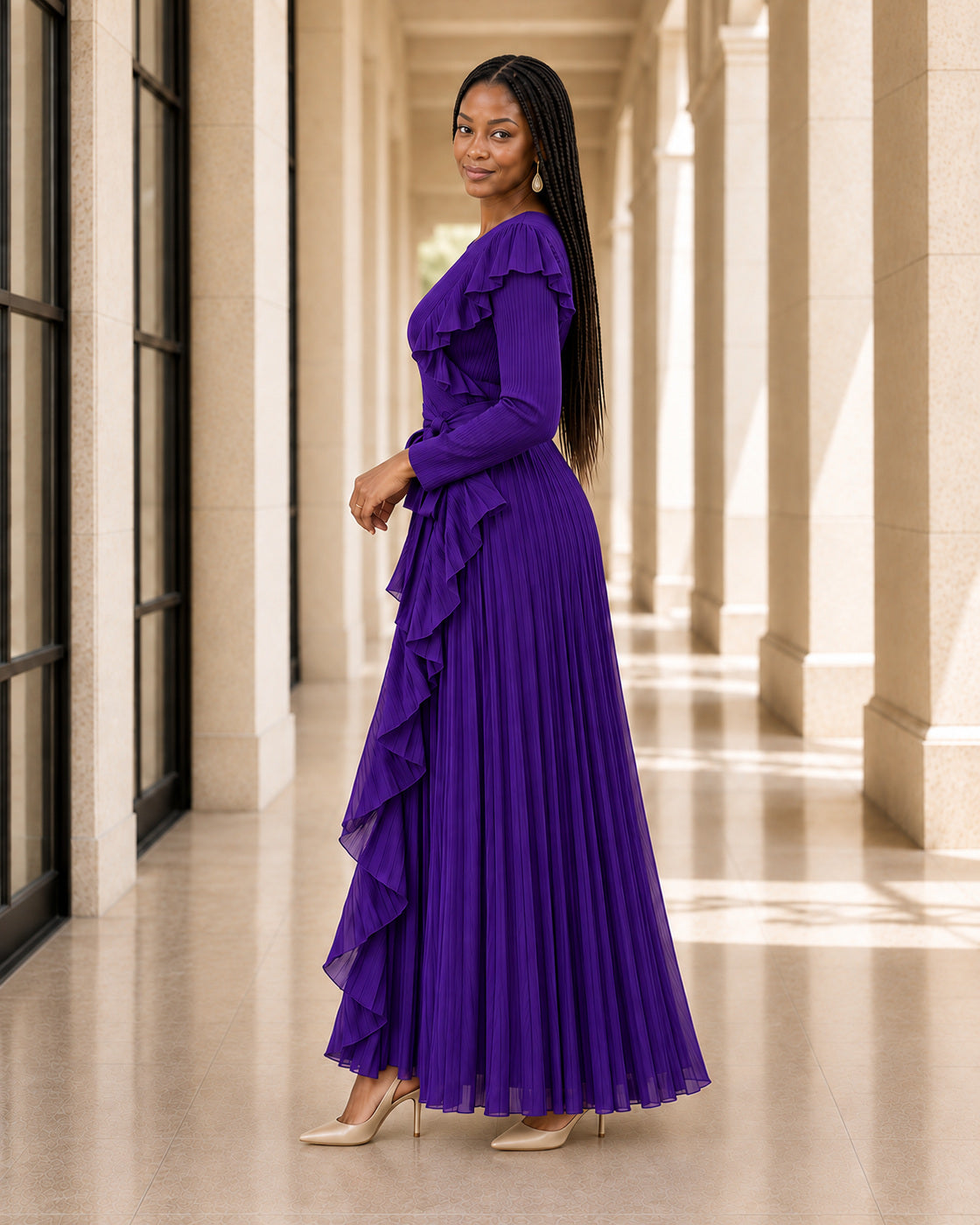 Zafira Waterfall Pleated Dress - Purple - Model 1 - True side styled look