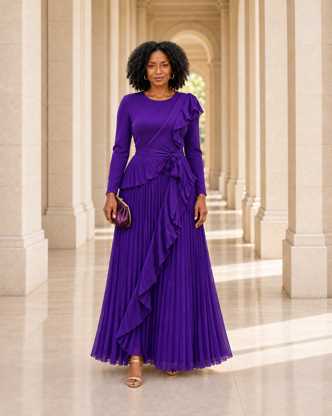Zafira Waterfall Pleated Dress - Purple - Model 2 - Front styled look