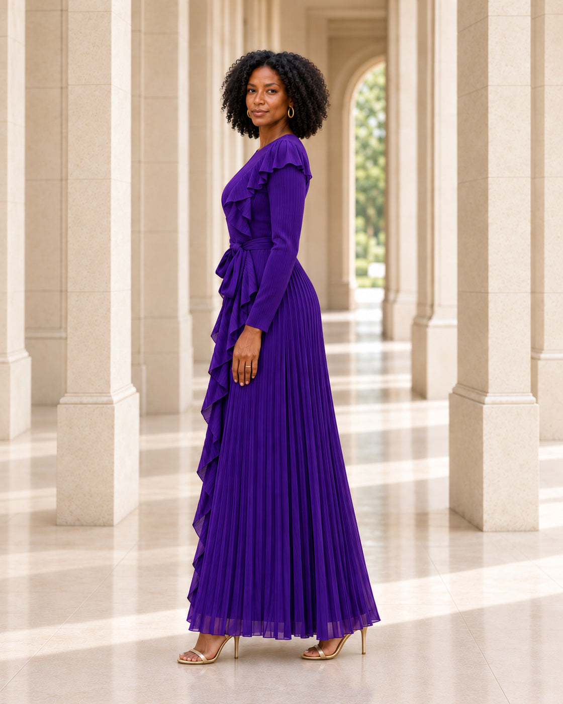 Zafira Waterfall Pleated Dress - Purple - Model 2 - True side styled look