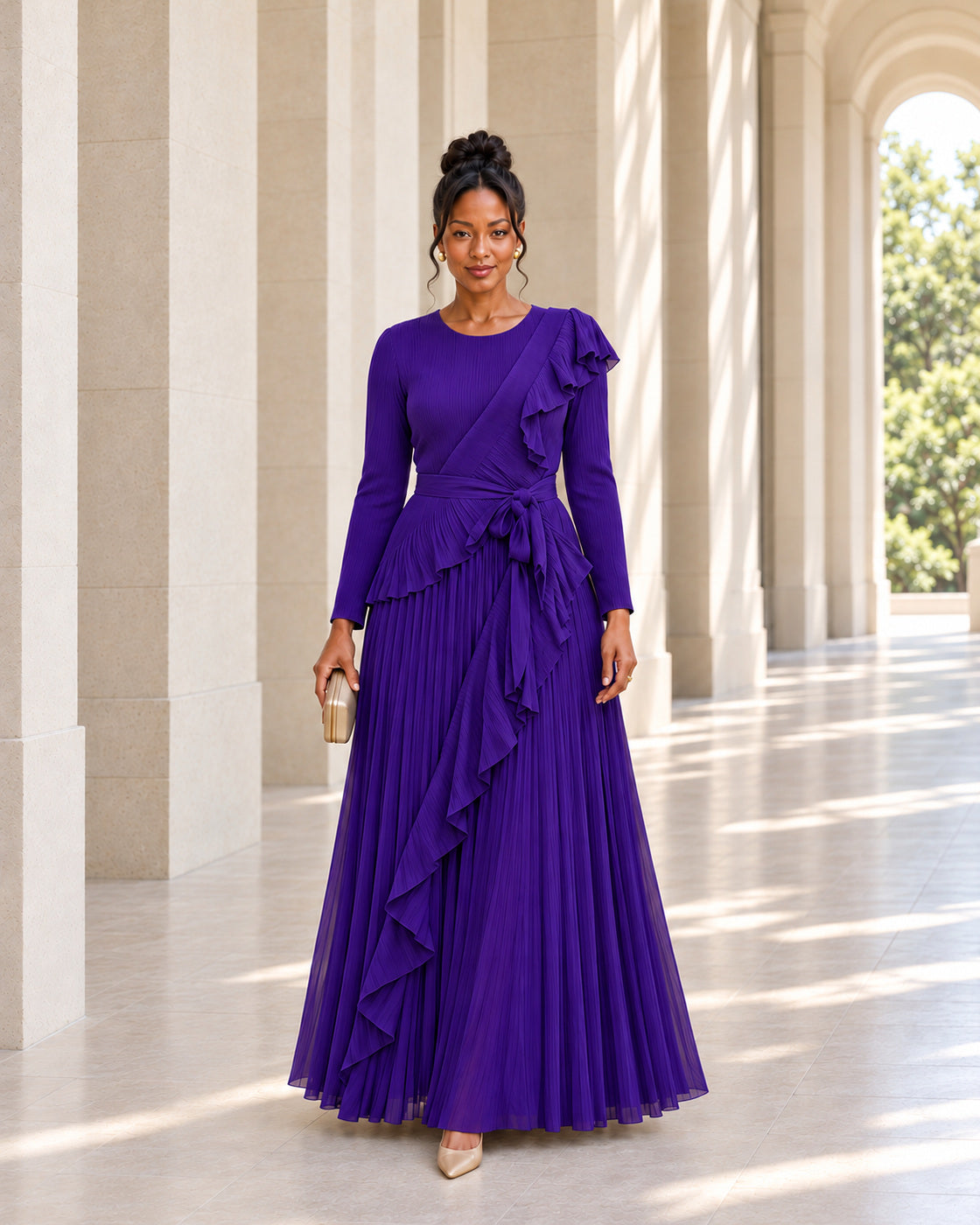Zafira Waterfall Pleated Dress - Purple - Model 4 - Front styled look
