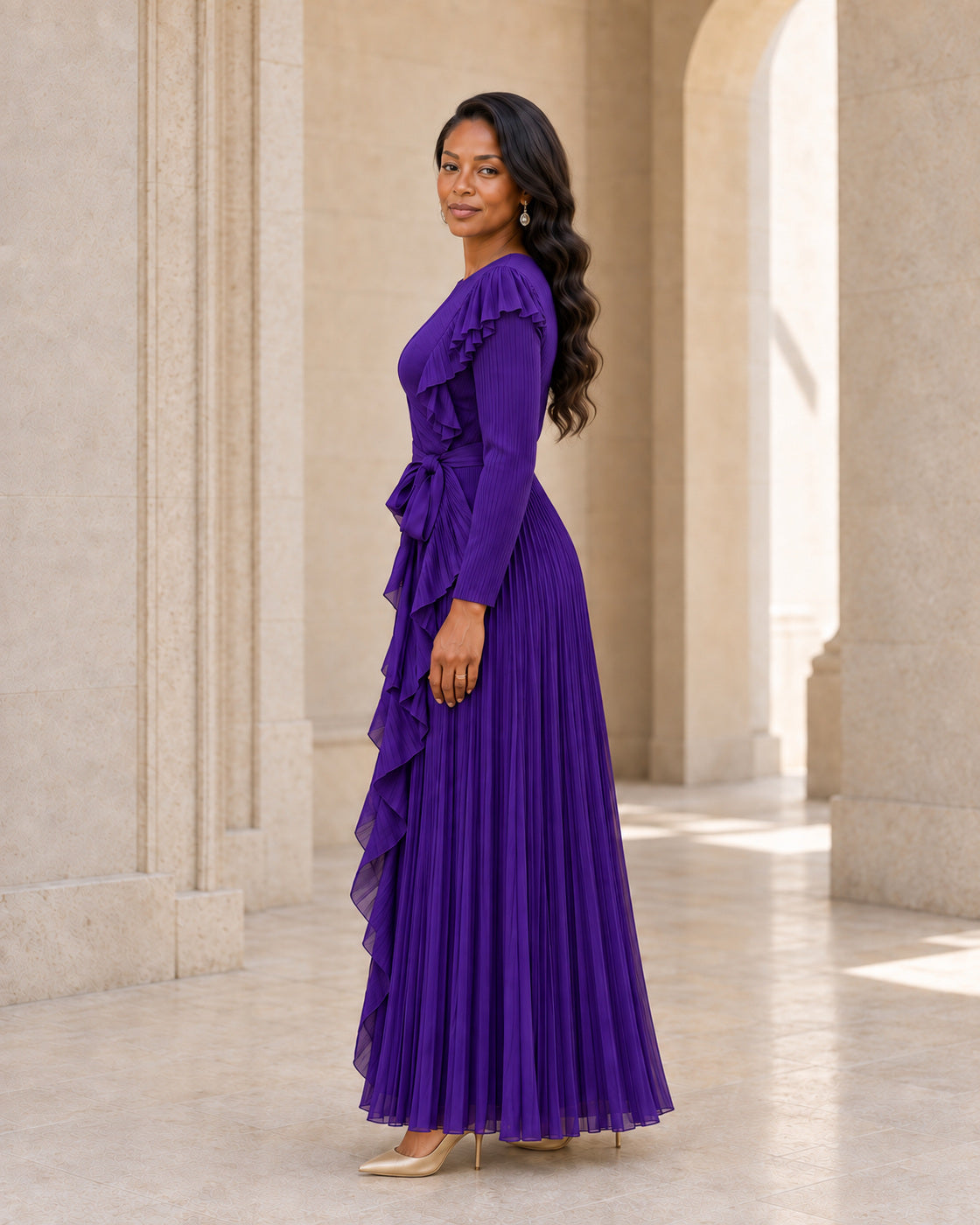 Zafira Waterfall Pleated Dress - Purple - Model 5 - True side styled look