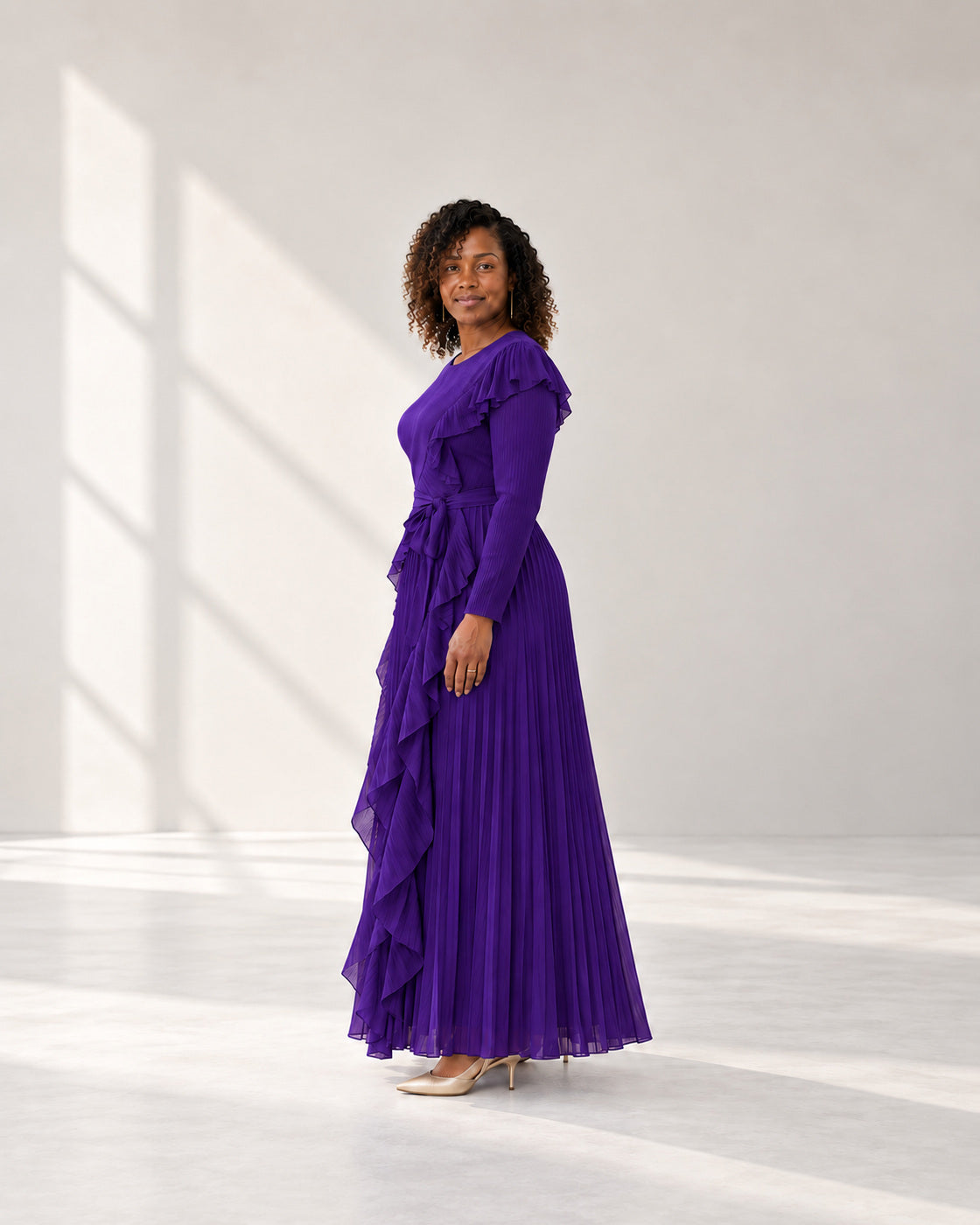 Zafira Waterfall Pleated Dress - Purple - Model 7 - True side styled look